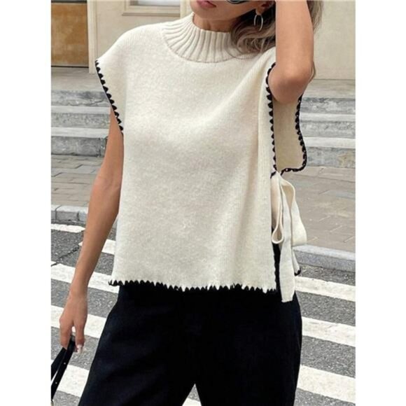 Ribbed Turtleneck Sweater Vest with Contrast Trim - Picture 1 of 11